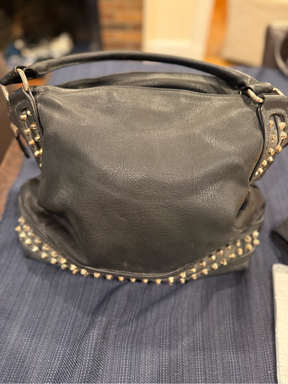 Studded Black Leather Tote with Top Handle